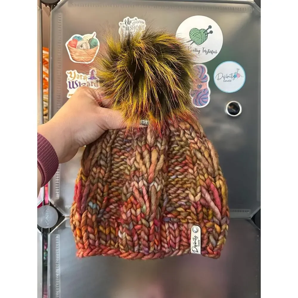 Hand Knit Merino Wool Scrappy Lake Erie Beanie: Faux Fur Pom - Adult Size